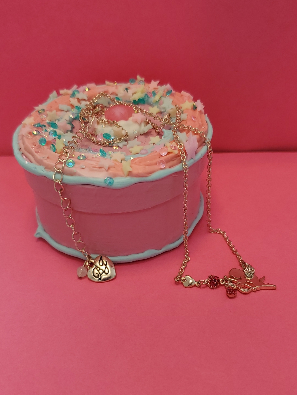 Betsey Johnson Rose Gold Heart Charm Necklace with Pink Accents